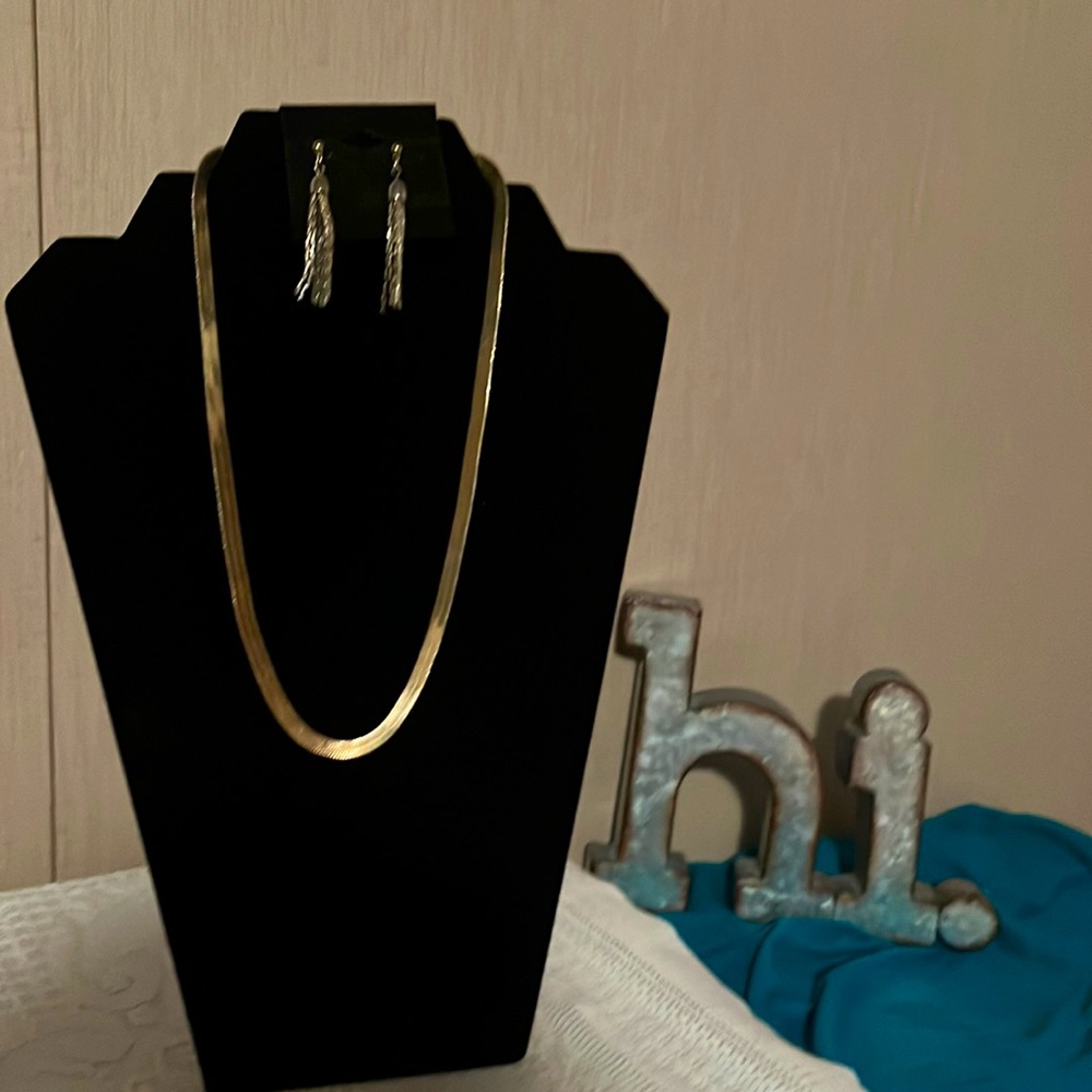 Gold herringbone necklace and dangle pierced earring set.